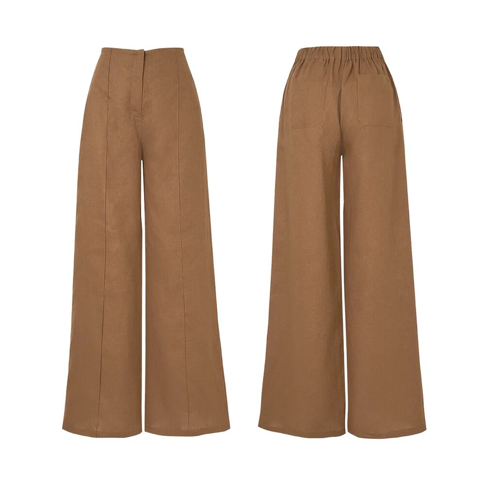 Padova Cala 100% Linen Wide Leg High Waist Trouser Pants Brown Size L / 12 New